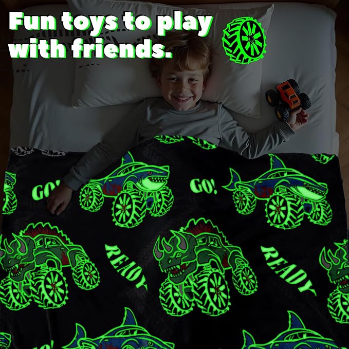 BORORO Dinosaur Truck Toys Glow in The Dark Truck Blanket for Boys Shark Throw Blanket Construction Excavator Birthday Gifts for Kids