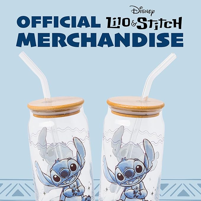 Silver Buffalo Disney Lilo and Stitch Sitting Glass Jar Tumbler with Bamboo Lid and Glass Straw, 16 Ounces
