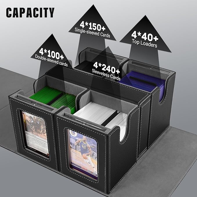 Kabinka Card Deck Box for MTG Commander, Holds 400+ Double-Sleeved Cards, 5 IN 1 Detachable Card Case with Dice Tray, Fits Magic/TCG Cards, 4 Magnetic Card Holders & Dividers (Black)
