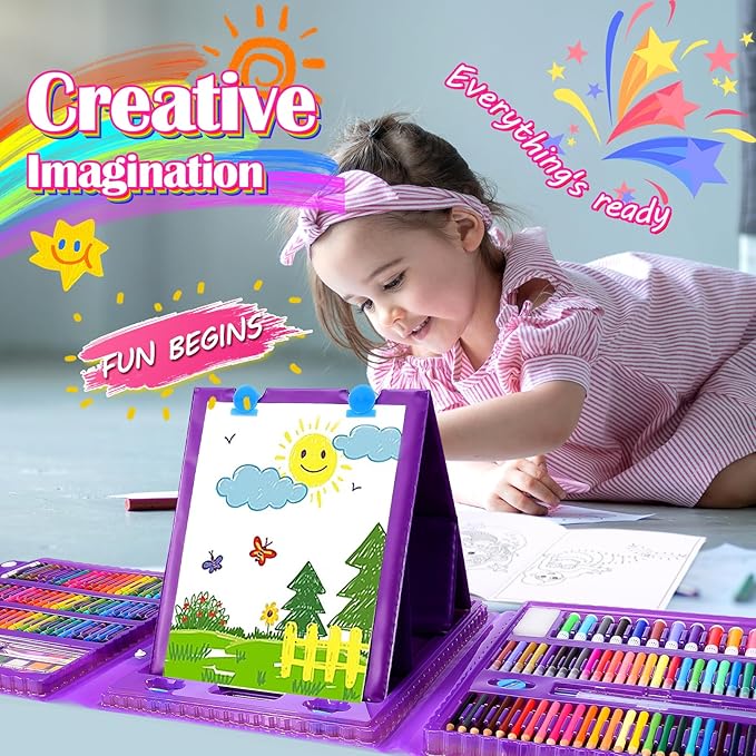 Art Supplies, Art Kits Arts and Crafts for Kids Age 4-6 6-8 8-12 with Trifold Easel,Includes Sketch Pads,Oil Pastels,Crayons,Colored Pencils,Drawing Set for 3-12 Year Olds Girls Boys (Mermaids-Purple)