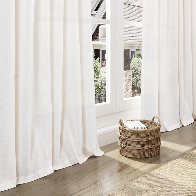 Ivory White Linen Curtains for Living Room 126 Inches Long Light Filtering Semi Sheer Curtain Back Tab Neutral Modern Farmhouse Decor Drapes Floor to Ceiling High Window for Bedroom 52x126, 2 Panels