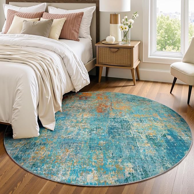 RELEANY Washable Round 4ft Area Rug for Living Room Teal Multi | carpet for bedroom, kitchen, office, hallway and entryway, printed pattern, non-slip, soft, stain-resistant, easy to clean