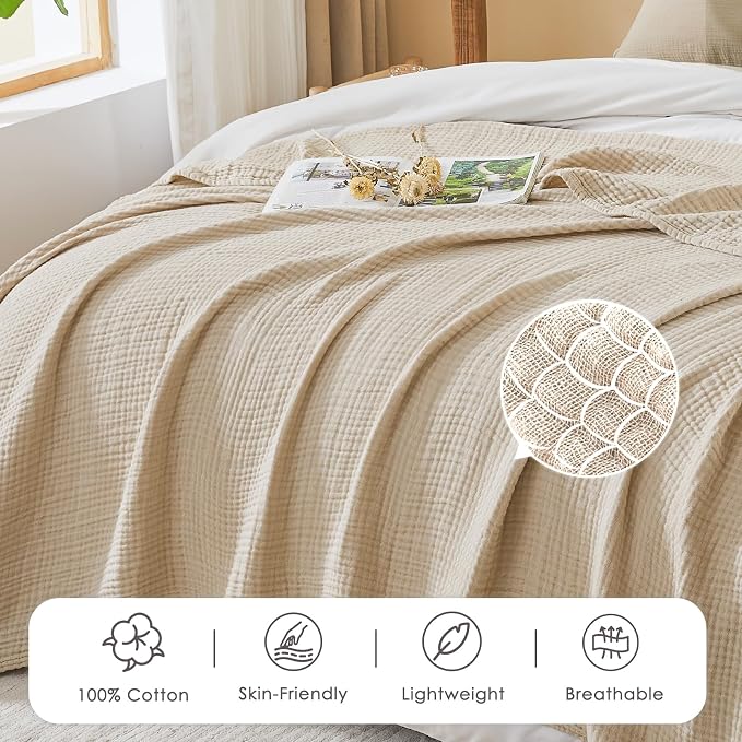 EMME Cotton Muslin Large Throw Blanket Couch Breathable Gauze Soft Lightweight Bed Blankets Adults (Heather Beige, 50"x70")