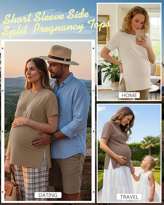 Ficerd 3 Pack Women's Maternity T Shirts, Short Sleeve Side Split Pregnancy Tops Casual Crew Neck Pregnant Tees Mama Clothes