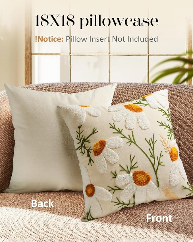Embroidered Throw Pillow Cover - 18x18 Decorative Pillow Cover with Zipper Aesthetic Cute Design Boho Spring Summer Cozy Throw Pillowcase for Living Room Couch Sofa Bed, White Daisy