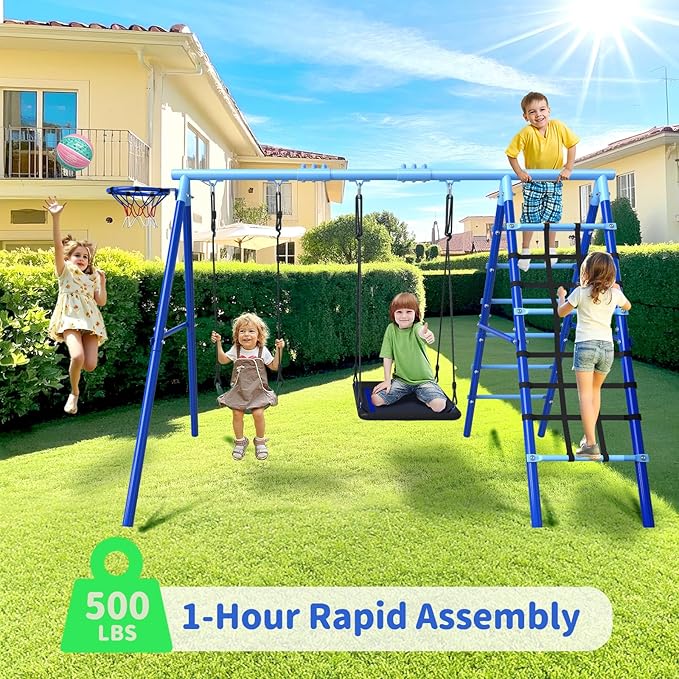 JYGOPLA 5-in-1 Metal Swing Sets for Backyard, Heavy Duty Outdoor Playground for Kids with 43" Platform Swing, Belt Seat, Climbing Rope Ladder, Rigid Ladder & Basketball Hoop