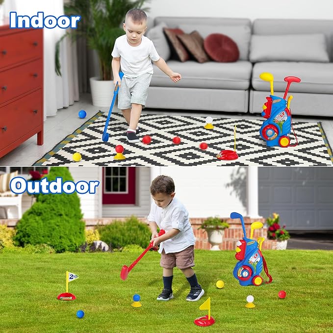 Toddler Golf Set for Boys Girls 2 3 4 5 Years Old, Upgraded Kids Golf Cart with 3 Clubs & 8 Balls, Outdoor Indoor Sports Toys Birthday Gift, Blue