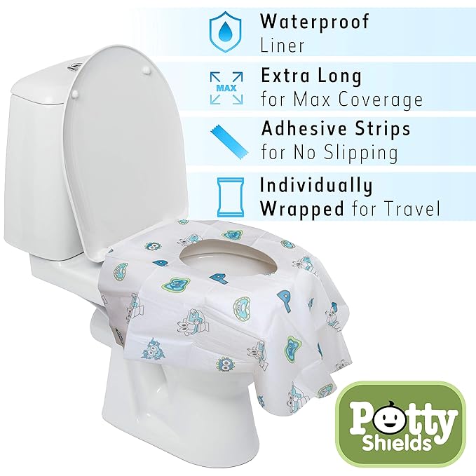 Potty Shields Toilet Seat Covers Disposable (20 Pack) - XL Waterproof Toilet Cover for Toddlers, Kids & Adults - Portable & Individually Wrapped for Travel, Potty Training, Vacations, Public Restrooms