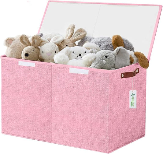 Large Toy Storage Box with Lids, Collapsible Sturdy Baby Storage Organizer Chest Bin Basket for Kids, Boys, Girls, Playroom, Nursery, Bedroom, Closet 25"x13"x16" (Pink)