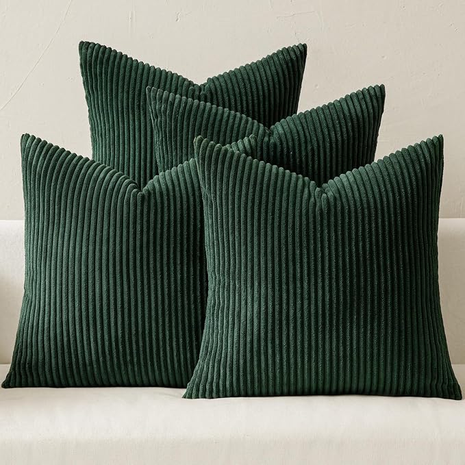 MIULEE Soft Corduroy Decorative Throw Pillow Covers Army Green 18x18 | Set of 4, Mordern Nordic Christmas Decor, All Same Color Set, Boho Farmhouse Cushion Covers for Couch Bed Sofa Living Room