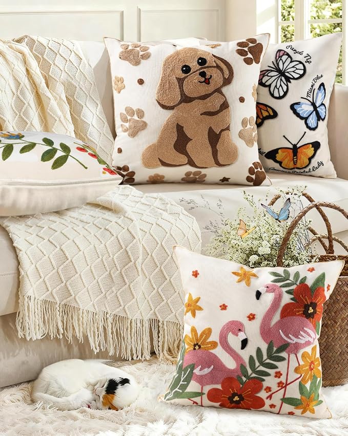 Animal Embroidered Throw Pillow Cover 18x18 Inch, Cute Dog | Decorative Pillow Cover, Country Cushion Cases with Hidden Zipper, Farmhouse Decor for Couch, Sofa, Living Room, Bed