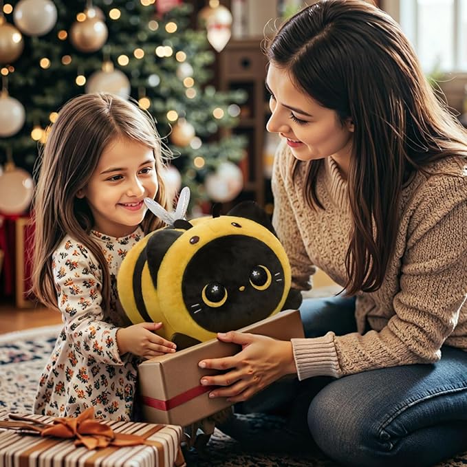 Mewaii Cute Black Cat Bee Plush Pillow, Kawaii Plushies Bee Stuffed Animal Toy, Kitten Plushies with Honeybee Outfit Costume, Soft Squishy Birthday Gifts for Kids & Girls (16 Inch)