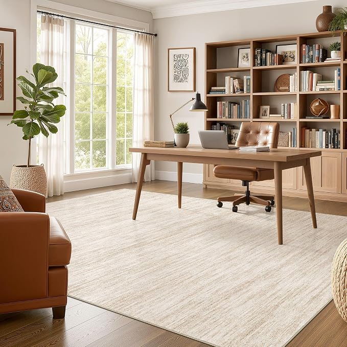 Nakagishi 7X9 Area Rugs Living Room: Washable Large Vintage Rug Neutral Non-Slip Soft Stain Resistant Indoor Carpet for Bedroom Nursery Dining Room Office Playroom - Beige