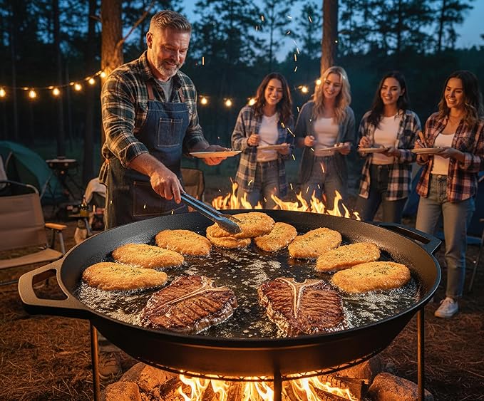 LI-GELISI 26-inch cast iron frying pan with double auxiliary handles, nitrogen-treated for rust resistance, suitable for stoves/grills/campfires, heavy-duty frying pan for outdoor cooking
