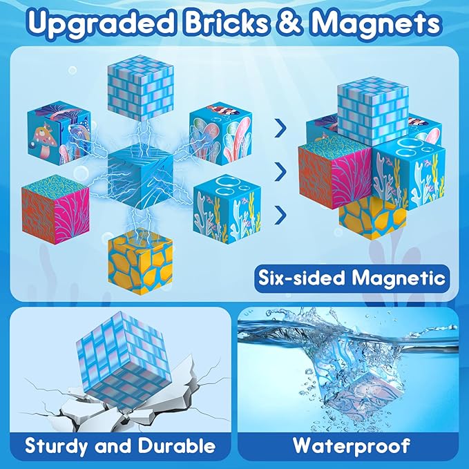 Magnetic Building Blocks-135 PCS Growing Ocean Magnet Cubes Tiles with USB Light Panel,STEM Sensory Construction Toys Set Christmas Birthday Gifts for Kids Boys Girls Toddlers Ages 3+,4-8,6-8