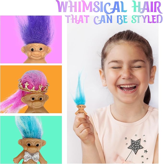 25 PCS Long-haired Lucky Mini Troll Dolls, Assorted Hair Colors, 0.78" Bodies, 2" Hair. Cake Toppers, Action Figures, School Project, Arts and Crafts, Party Favors