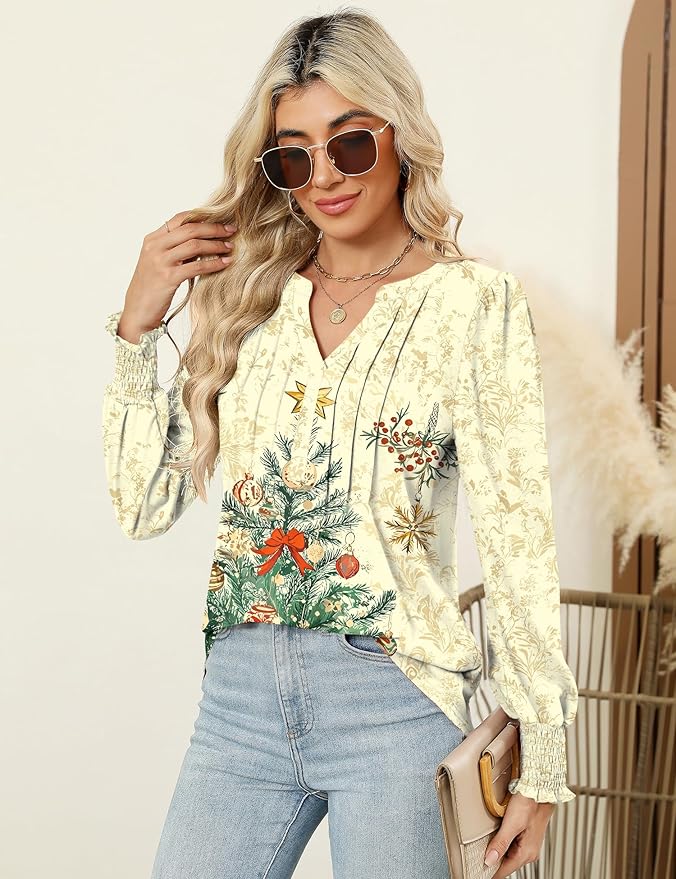LOMON Womens Tops Dressy Casual Pleated Ruffle Long Sleeve Tunics Tops to Wear with Leggings V Neck Work Blouse