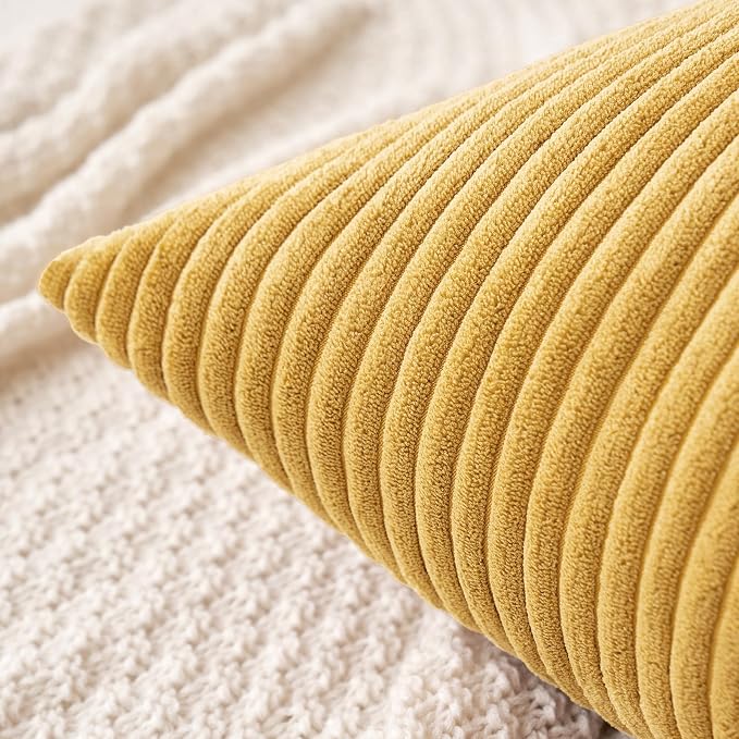 MIULEE Fall Decorative Corduroy Throw Pillow Covers Set of 2 16x16 Gold | Soft Striped Textured Cushion Cases, Boho Rustic Square Pillowcases Neutral Home Decor, for Couch Chair Sofa Bed Living Room