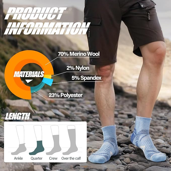 ANTSANG 6 Pairs Merino Wool Quarter Ankle Hiking Running Socks Compression Thermal Thick Cushion Socks for Women Men