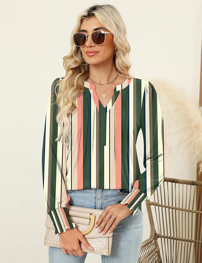 LOMON Womens Tops Dressy Casual Pleated Ruffle Long Sleeve Tunics Tops to Wear with Leggings V Neck Work Blouse