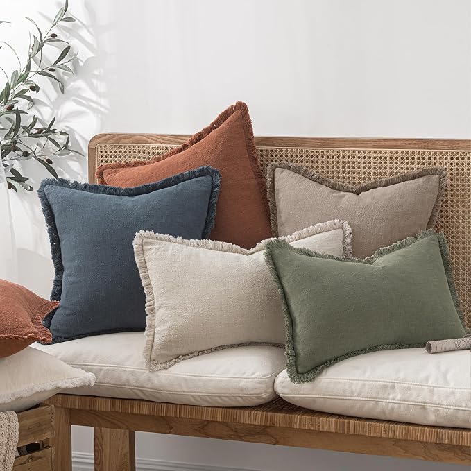 MIULEE Linen Fringe Decorative Fall Euro Throw Pillow Covers Dune 24x24 | Set of 2, Cottagecore Decor, Boho Farmhouse Neutral Pillow Covers, Rustic Fall Couch Cushion Cases for Sofa Bed Living Room