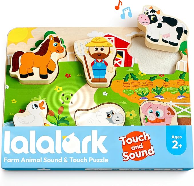 lalalark Musical Wooden Puzzles Toys, Tactile & Sound Farm Animal Toys for Baby 2-4, Montessori Educational Block Puzzles, Learning Toddler Kids Birthday Gifts for 2 Years Old Boys Girls
