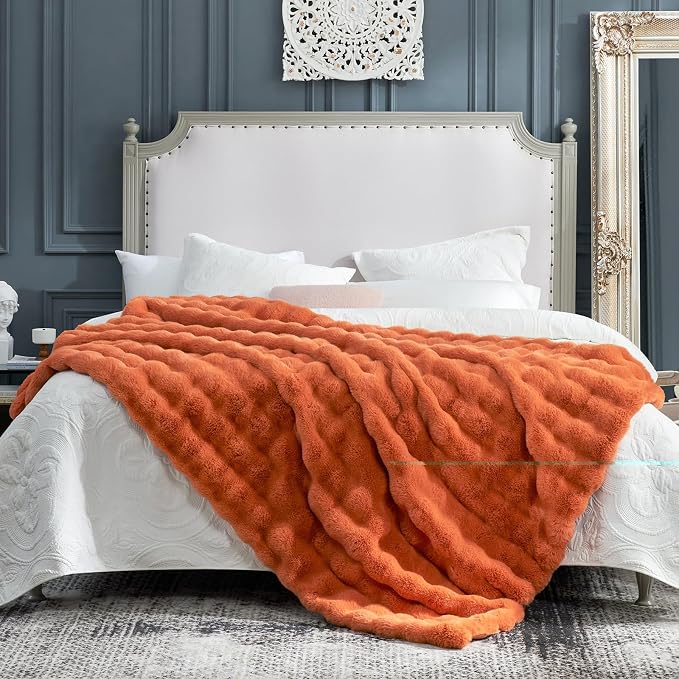 Cozy Bliss Faux Fur Throw Blanket for Couch, Fuzzy Soft Plush Thick Bubble Blanket for Sofa Bedroom Living Room, 60 * 80 Inches Burnt Orange