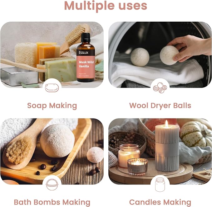 Musk Wild Vanilla Fragrance Oil, ESSLUX 100ml 3.3 oz Large Single Scented Oils, Aromatherapy Essential Oils for Home for Diffuser, Massage, Soap, Candle Making Scents
