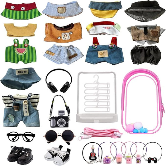 5-Pack Clothes Set Designed for Labubu Clothes with Accessories Set, Includes 6 Mini Accessories, Display Bag, Clothes Rack, Headphones, Camera, Sunglasses, Shoes Accessories for Labubu - Style F