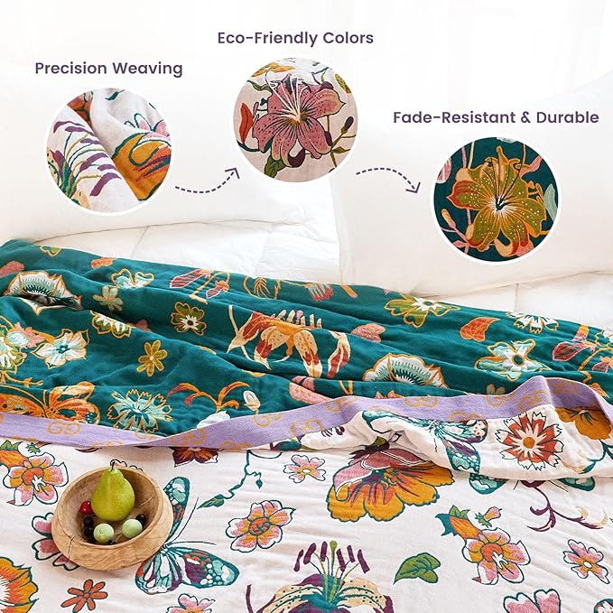MSGKV Boho Throw Blanket 50"x60" 100% Cotton Butterfly Floral Blanket Couch | Muslin Throw, Butterfly Floral Pattern, Reversible Woven, Lightweight Comfort, Farmhouse Decor, All Seasons, Machine Washable