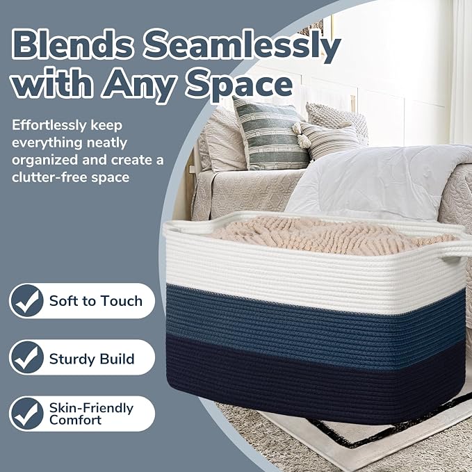 Goodpick 85L Large Blanket Basket 23.6" x 15.7" x 13.8" Cotton Rope Storage Baskets for Organizing, Rectangle Woven Baskets for Storage, Baby Toy Basket for Nursery Bedroom, Blue