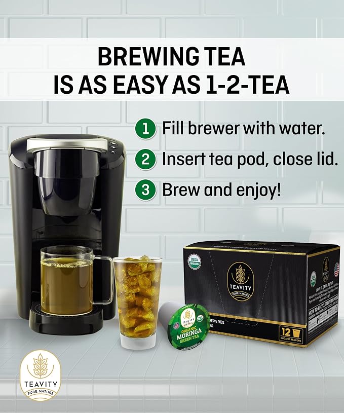 Organic Moringa Green Tea Pods for Keurig - Naturally Caffeinated by Teavity (24 Tea Pods)