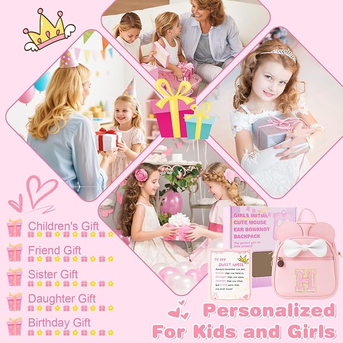 Personalized Toddler Backpack for Girls 3–10, Cute Mini Bowknot Mouse-Ear Toddler Bookbag Crossbody Purse, Small Daypack Wallet Set, Initial Birthday Gift, Trendy Little Kids/Teen Bag(Pink,H)
