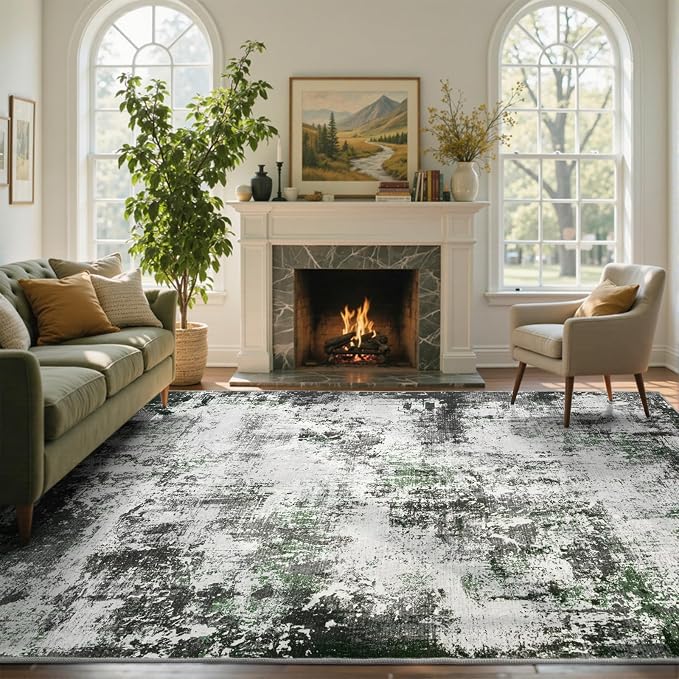 6x9 Ft Large Area Rugs for Living Room, Soft Non-Slip Washable Rugs Modern Abstract Pattern Carpet for Bedroom Indoor Floor Nursery Home Decor (Grey/Green)