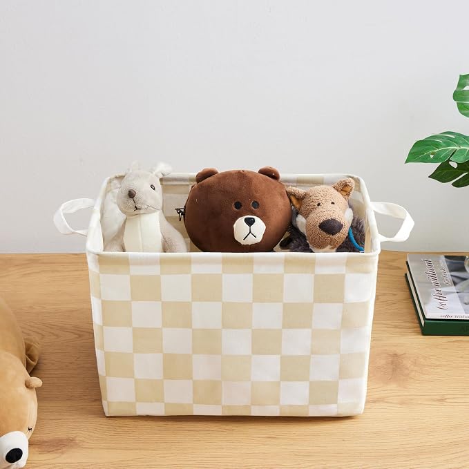 Ohocut Beige White Checkered Canvas Basket, Rectangular Organizing Decorative Storage Basket for Kids Dog Toy, Cute Aesthetic Race Cars Boy Room Decor for Home, Kitchen, Bedroom, Classroom, Shelves