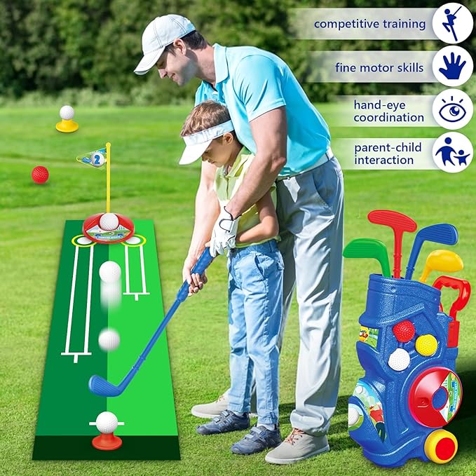 Toddler Golf Set, Kids Golf Clubs with Putting Mat, Toys for Boys 3 4 5+ Years Old, Sports Golf Toys with 4 Clubs, 8 Balls, 2 Practice Holes, Shoulder Strap, 20 PCS, Blue (LE-W-GOLF-BOY)