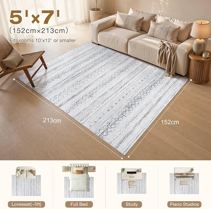 cotiled 5x7 Area Rugs Living Room Rug: Washable Boho Rugs with Non Slip Backing Large Soft Indoor Stain Resistant Carpet for Bedroom Farmhouse Dining Room Lightweight Home Decor Grey