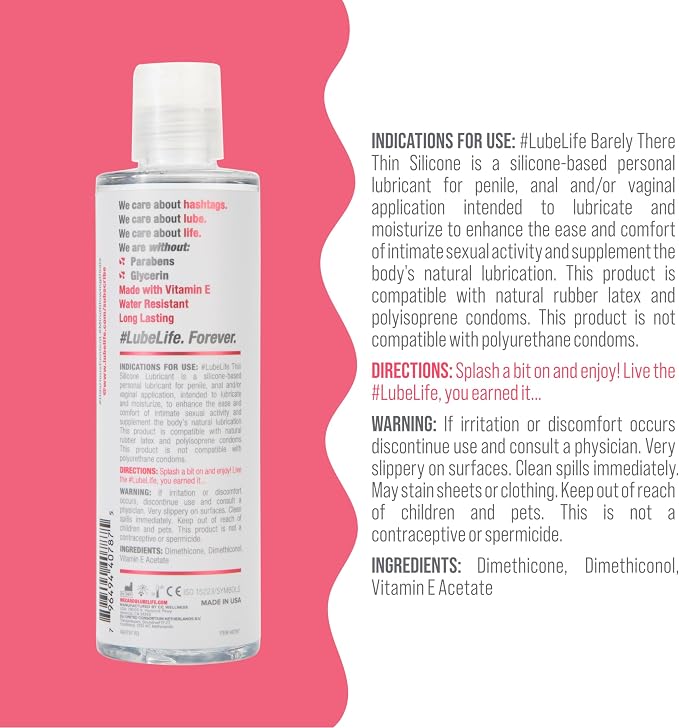 LUBELIFE Barely There Thin Silicone-Based Lubricant, Long Lasting, Water Resistant, Personal Lubricant for Men, Women and Couples, 8 Oz