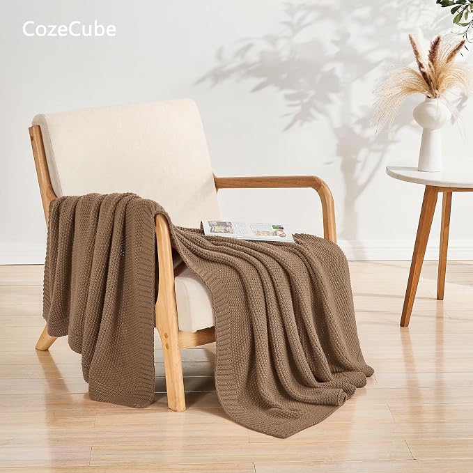 CozeCube Caramel Brown Seed Stitch Throw Blanket 60"x80", Farmhouse Decor | Blanket for Couch, Soft Cozy Cable Knit Throw for Bed Sofa Living Room, Lightweight Warm Decorative Christmas Blanket