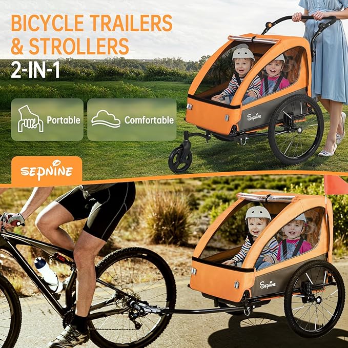 Sepnine 2-in-1 Kids Bike Trailer and Stroller with Suspension – Bike Trailer for 1 to 2 Children, Jogging Function, Foldable, 5-Point Harness, Spacious Storage, with Bug Screen and Weather Shield