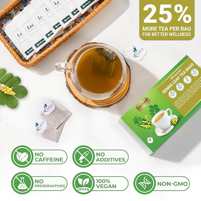 LeafLea Senna Tea Bags, Natural Laxative for Occasional Constipation, 80 Ct | Pure Senna Leaf, Individually Foil-Wrapped for Freshness, Caffeine-Free, Sugar-Free, Non-GMO, Vegan, Stock-Up 2-Pack