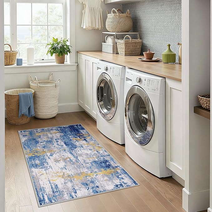 RELEANY Washable 3'x4' Abstract Area Rug for Living Room Blue Gold | carpet for bedroom, kitchen, office, hallway and entryway, printed pattern, non-slip, soft, stain-resistant, easy to clean