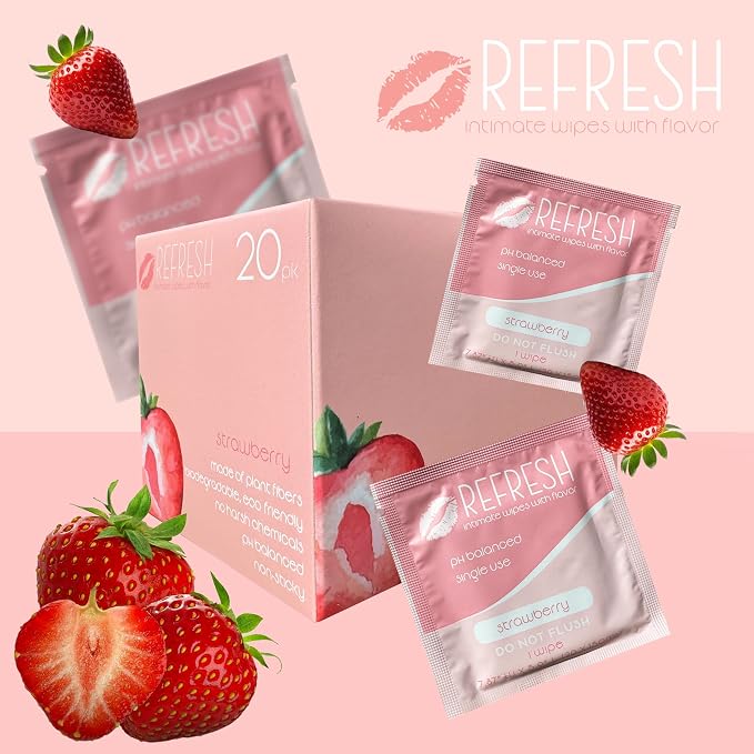 Flavored Feminine Wipes for Women - 20 Count -, Individually Wrapped - pH Balanced Flavored Intimate Wipes - (Strawberry)