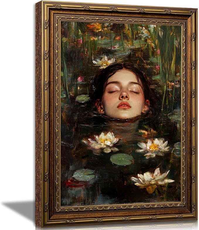 Vintage Gold Framed Gothic Wall Art, Ophelia Inspired Woman Portrait Print | Dark Academia Romantic Victorian Oil Painting Canvas Print Picture Wall Decor for Living Room Bedroom Office, 12x16 Inch