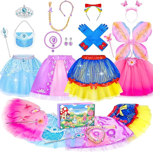 Jeowoqao Princess Dress Up for Girls, Princess TuTu Skirts Toddler Princess Dress Up Pretend Play Set with Princess Crown Gloves Tutu for Girls 3 4 5 6 Birthday Christmas Gift