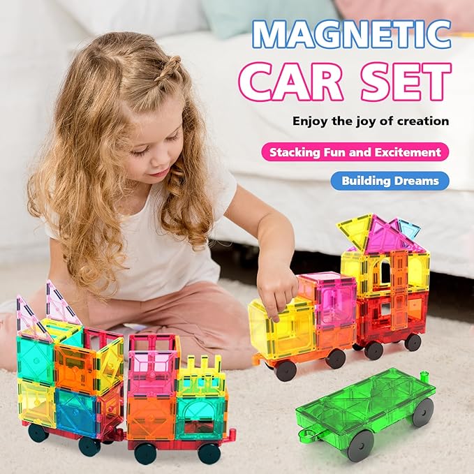 Magnetic Tiles Cars Construction Set, Magnetic Building Blocks Cars Toy for Kids Ages 4-8 3-5 Magnet Bricks Truck Kit Educational Sensory Toys Gifts for 3+ Year Old Boys & Girls