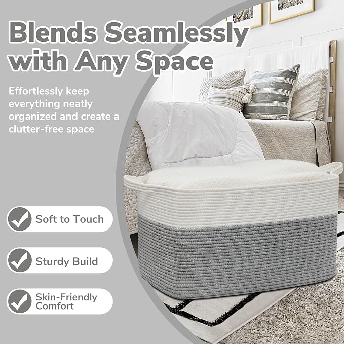 Goodpick Large Woven Rope Blanket Basket, Rectangle, White Gray | 21.6'' x 14.9'' x 11.8'' Storage Basket for Toys, Blankets & Clothes, Nursery & Bedroom Organization, Reinforced Handles