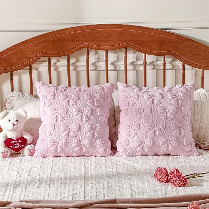 Mixweer Pink Bow Pillow Covers Set of 2 Preppy Room Decor Coquette Cute Spring Summer Decorative Faux Fur Soft Bowknot Stuff Fluffy Plush Aesthetic Pillowcase for Bed Sofa Couch (20 x 20 Inch)