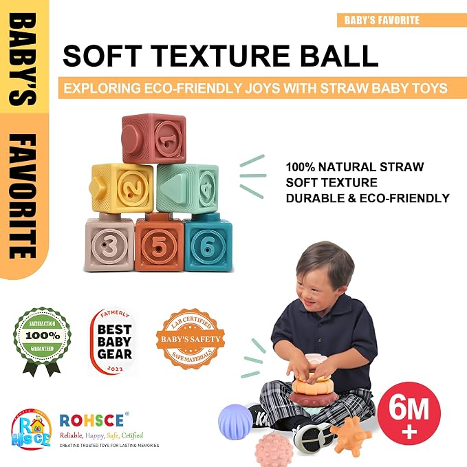 Baby Toy Set, 3 in 1 Baby Blocks, Teething Rings & Sensory Balls 6M+ | 18PCS Soft Pastel Set, Soft Blocks, Teething Rings, Sensory Balls, Number & Fine Motor Play, Activity Gifts for Toddlers