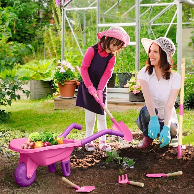 Qtioucp Kids Gardening Tools Outdoor Toys Set Backyard Play with Wheelbarrow Educational STEM Learning Pretend Toys Outdoor Indoor for Toddlers Kids Boys Girls
